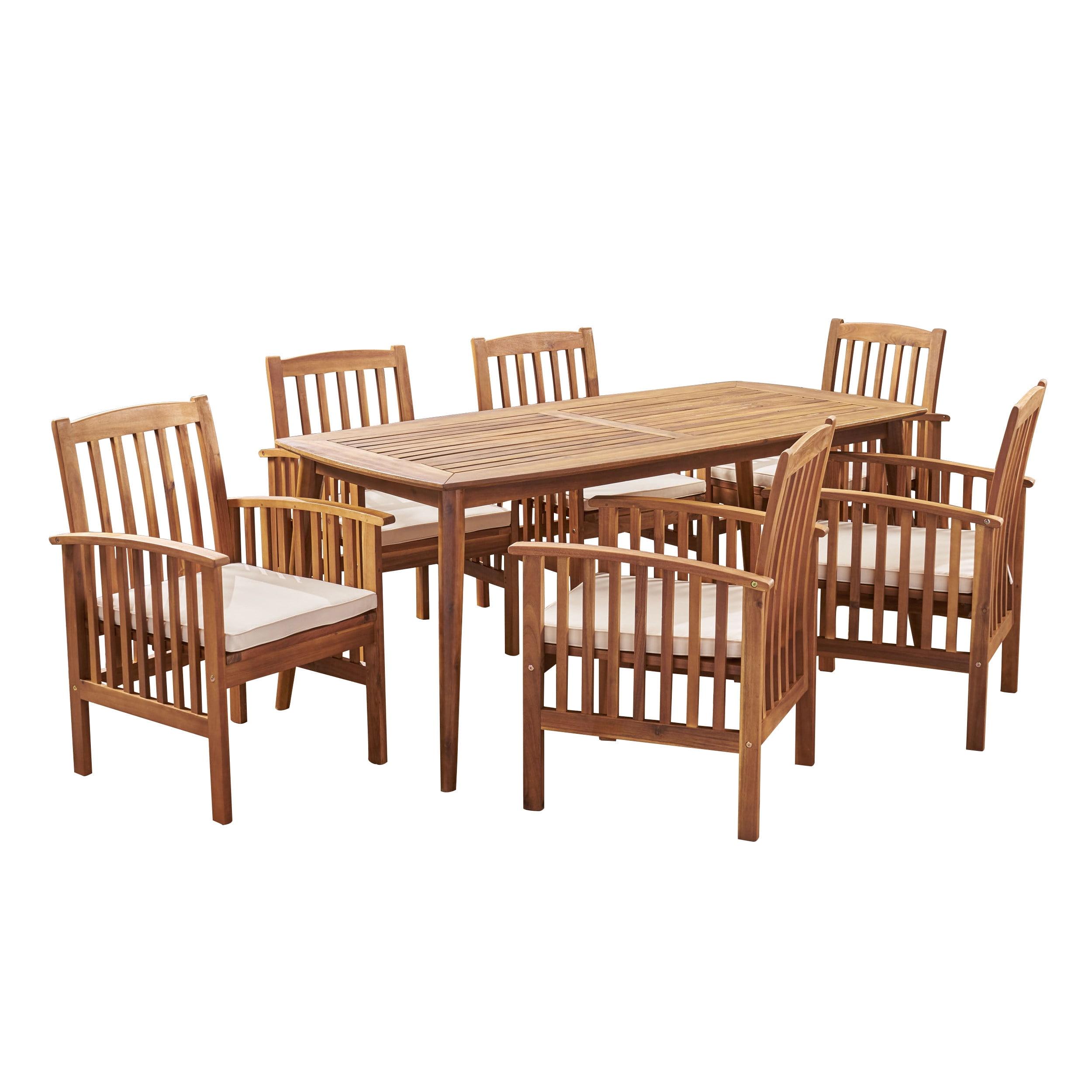 Christopher Knight Home Lepage Outdoor Acacia Wood 7 Piece Dining Set with Water Resistant Cushion, Cream/Brown