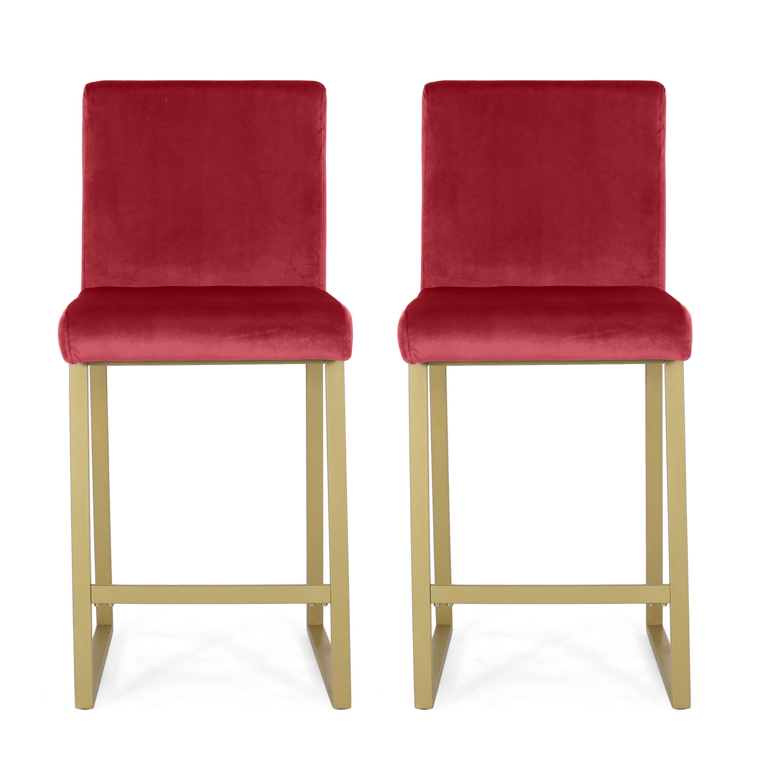 Wine Velvet and Brass Modern Barstools, Set of 2