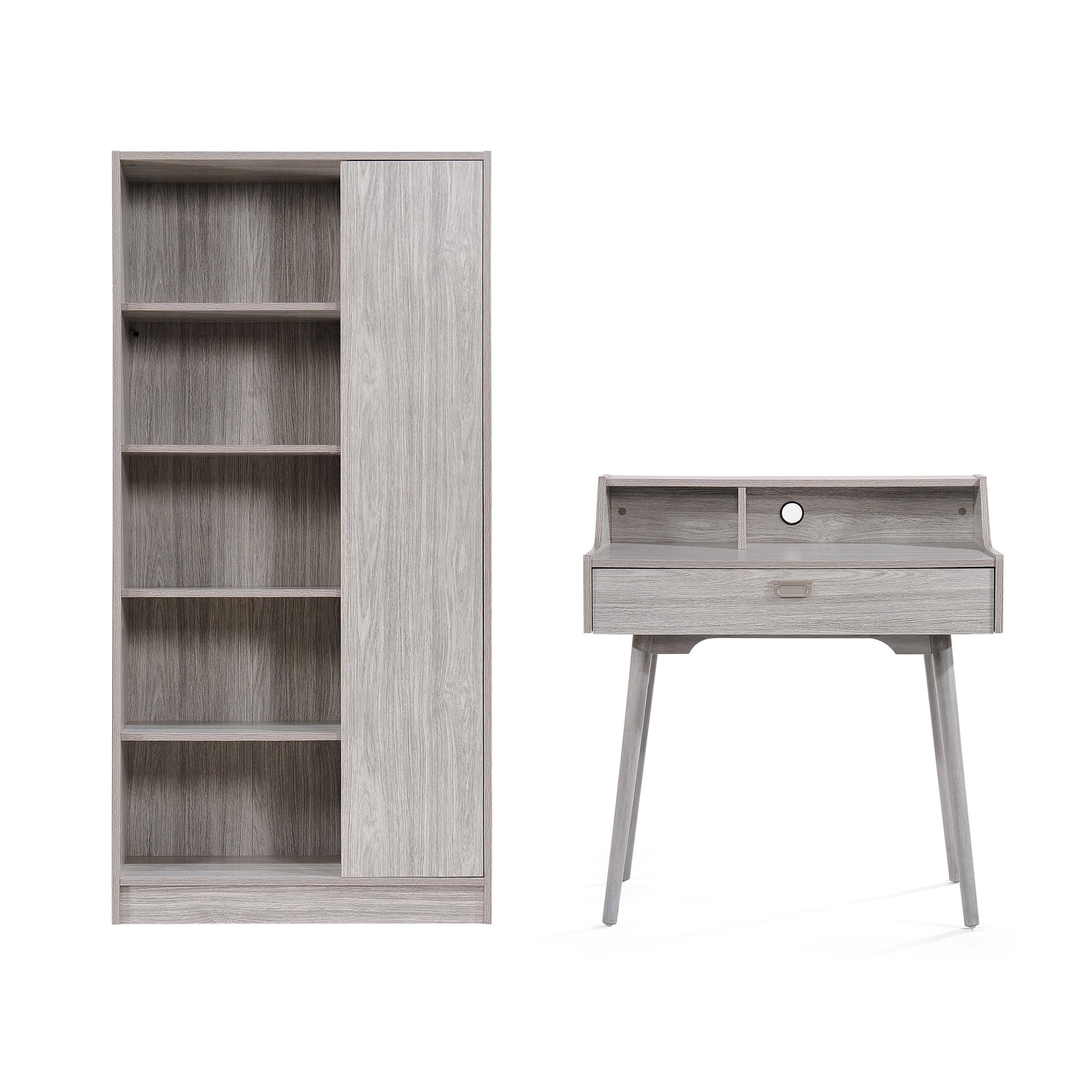 Lomita Gray Oak Mid-Century Modern Desk and Bookcase Combo