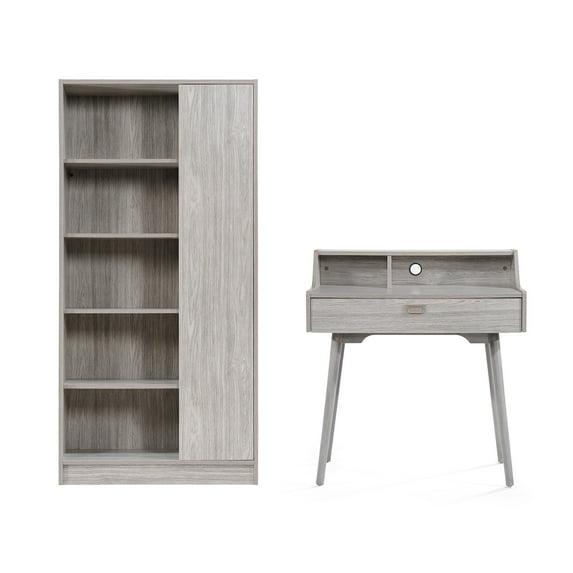 GDF Studio Lomita Mid Century Modern Wood Desk and Bookcase Set, Gray Oak