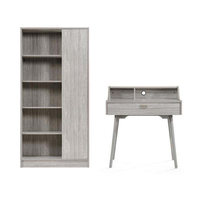 GDF Studio Lomita Mid Century Modern Wood Desk and Bookcase Set, Gray Oak