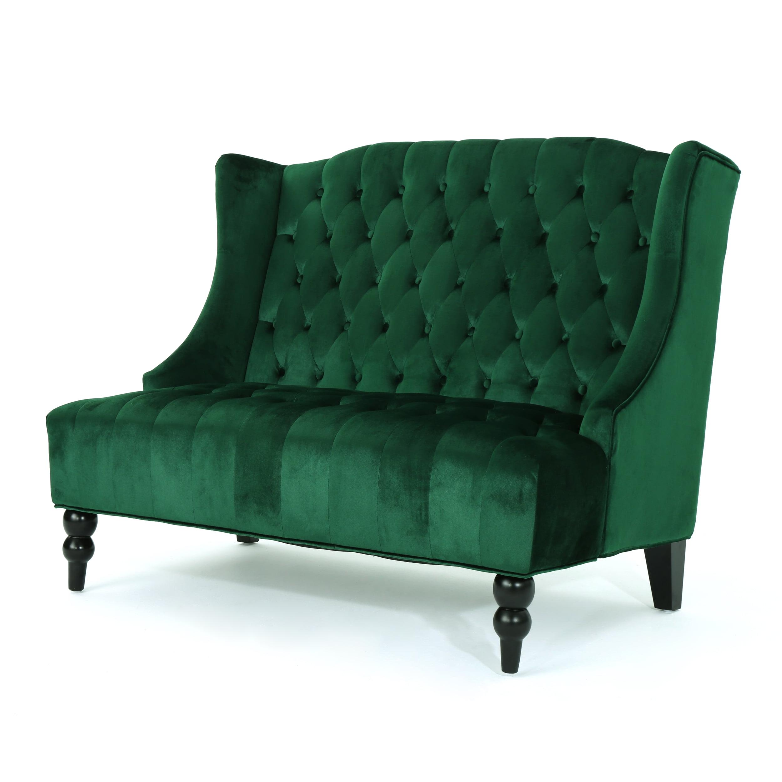 Emerald Velvet Tufted Wingback Loveseat with Dark Wood Legs