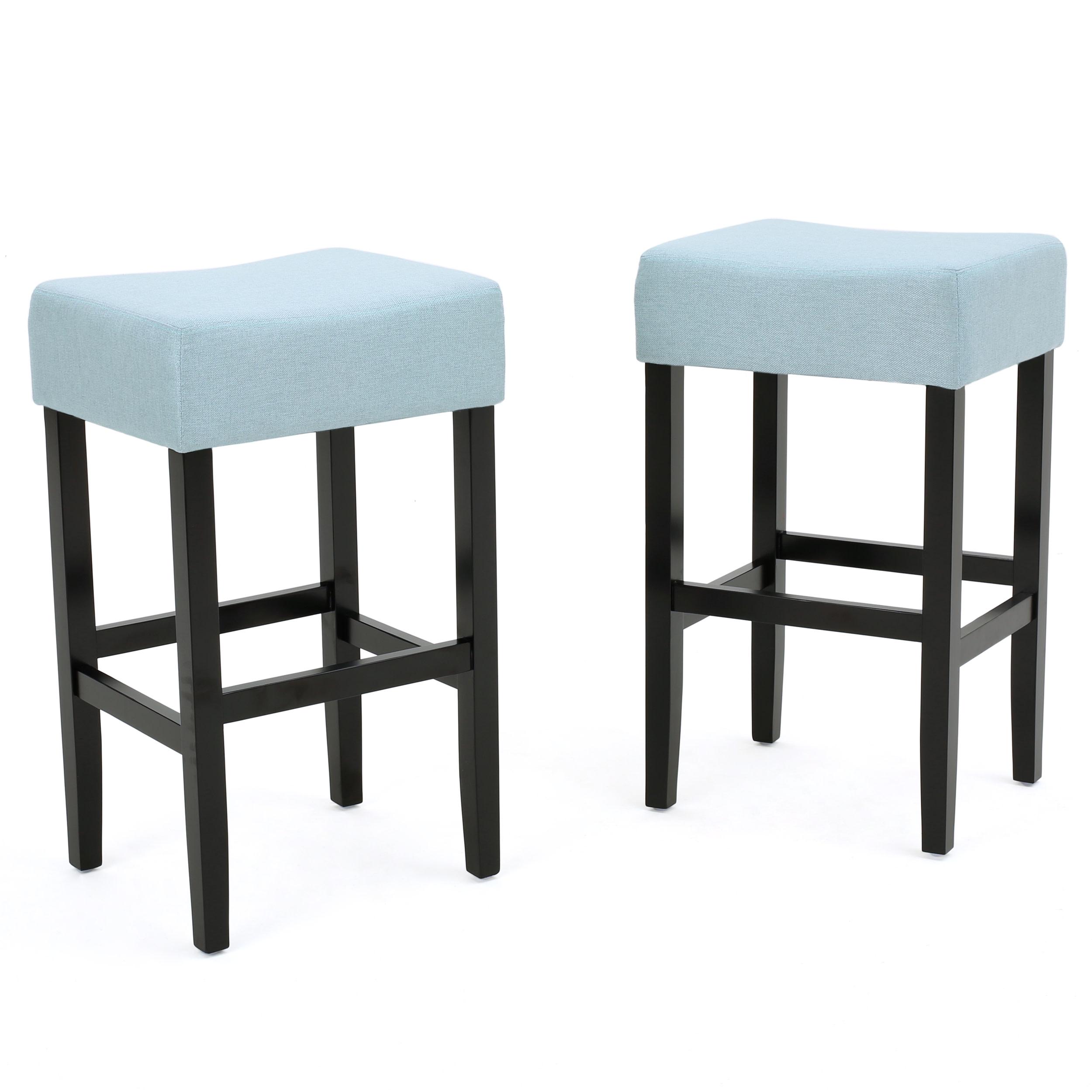 Light Blue Bonded Leather & Wood Transitional Backless Counter Stools, Set of 2