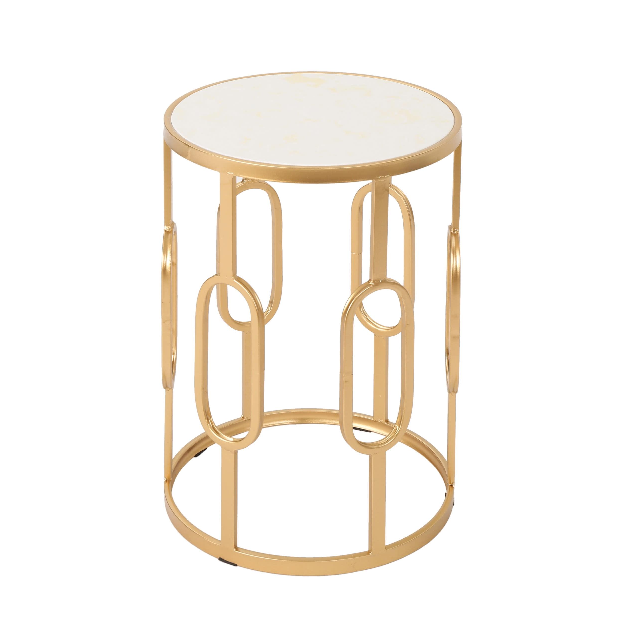 Glamorous Modern White Faux Stone and Gold Metal Side Table