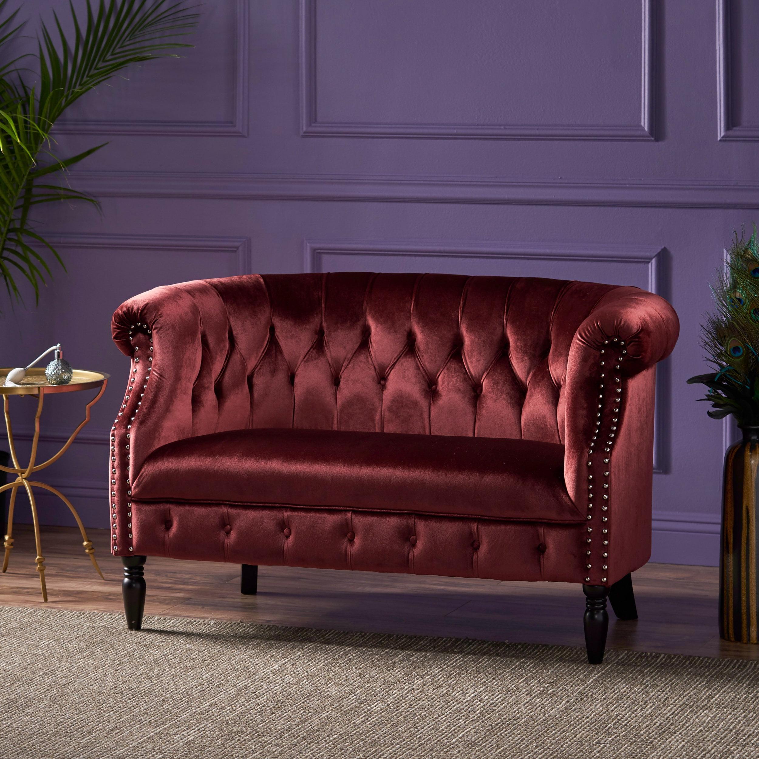 Garnet Velvet Chesterfield Loveseat with Nailhead Accents