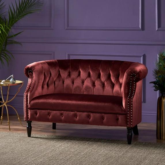 Milani Scroll Arm Loveseat Garnet: Tufted, Nailhead Trim, Polyester Upholstery - Christopher Knight Home