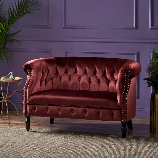 Milani Scroll Arm Loveseat Garnet: Tufted, Nailhead Trim, Polyester Upholstery - Christopher Knight Home