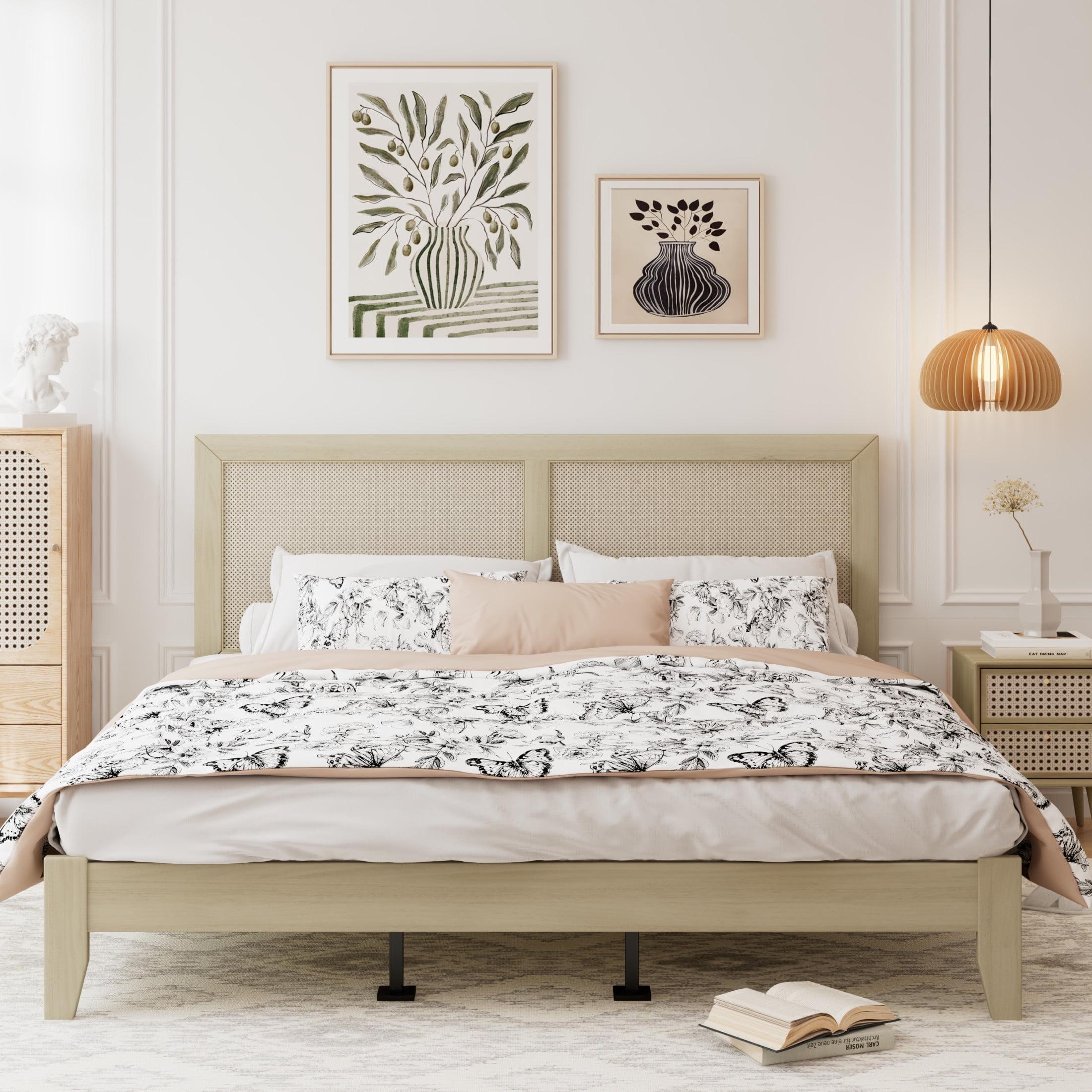 Christopher Knight Home Eudoca Rubber Wood Platform Bed with Rattan Woven Headboard, Natural, King