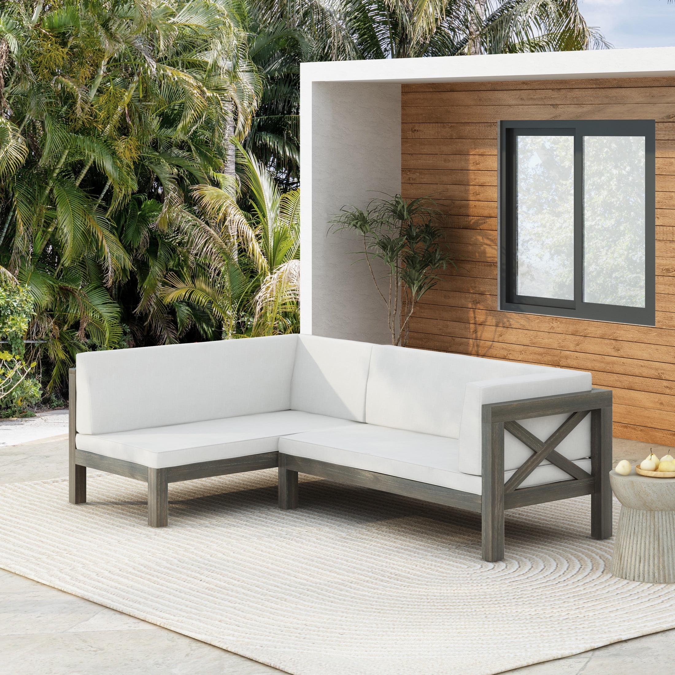 GDF Studio Mid-Century Modern 2 Piece Outdoor Patio Sofa Set, Right Corner Couch with Solid Wood Frame, Removable Cushions, Slat Design, Beige