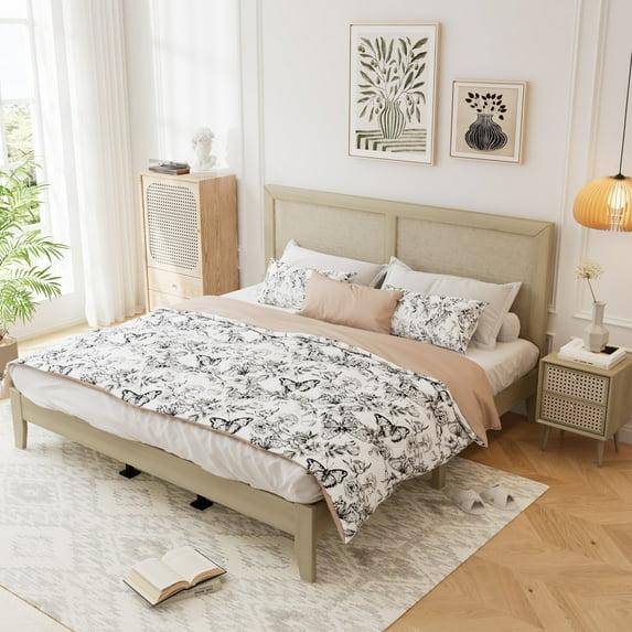 Christopher Knight Home Eudoca Rubber Wood Platform Bed with Rattan Woven Headboard, Natural, Queen