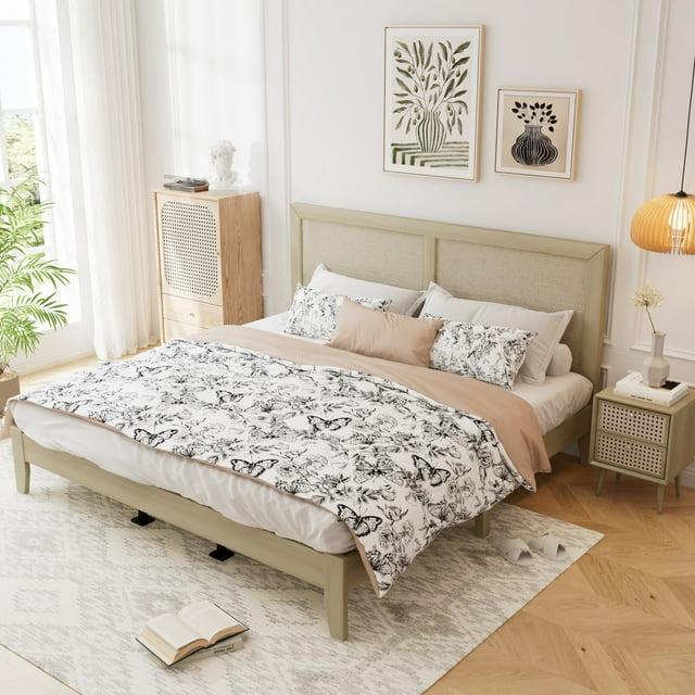 Christopher Knight Home Eudoca Rubber Wood Platform Bed with Rattan Woven Headboard, Natural, Queen