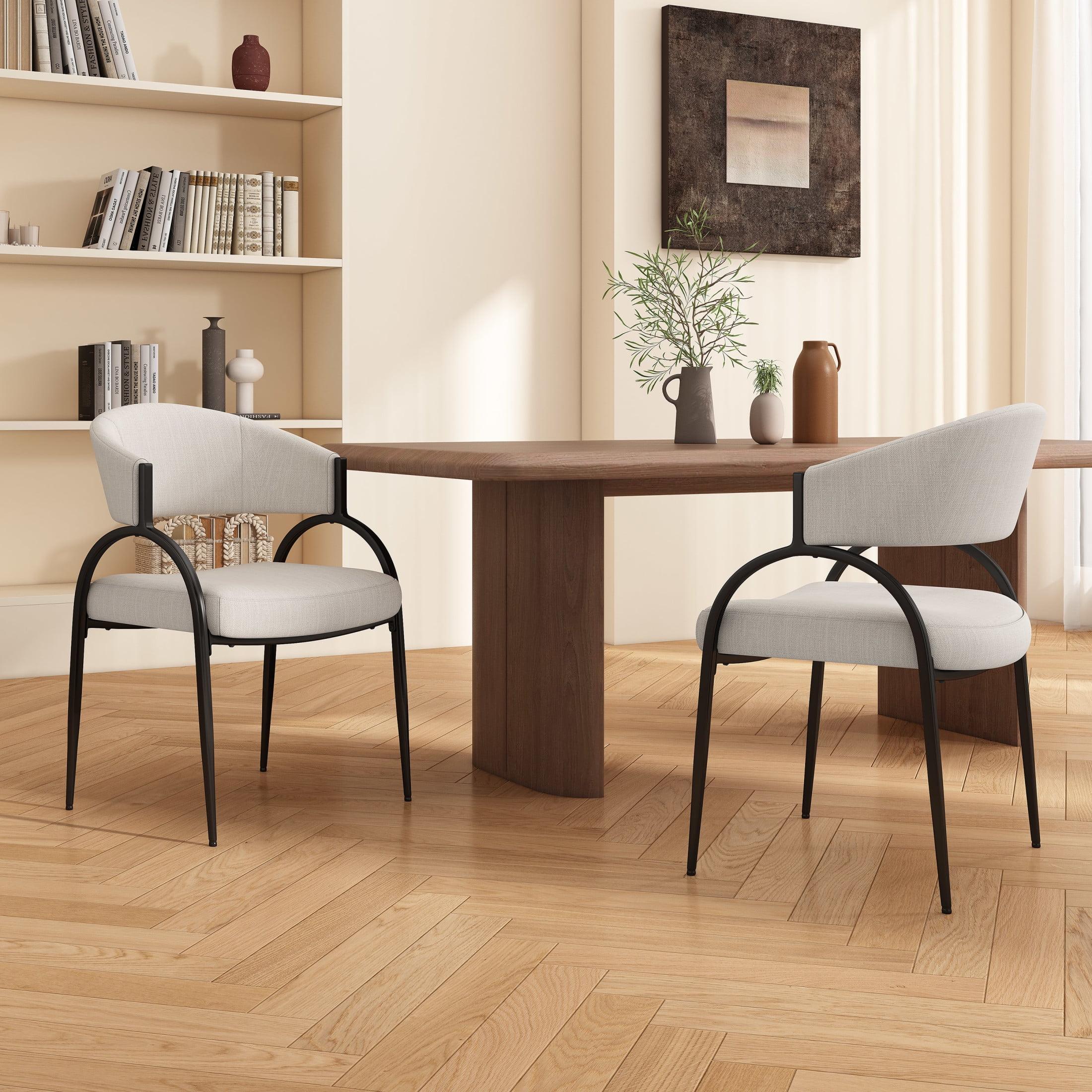 Christopher Knight Home Hayden Upholstered Armrest Dining Chairs with Metal Legs (Set of 2), Beige/Black