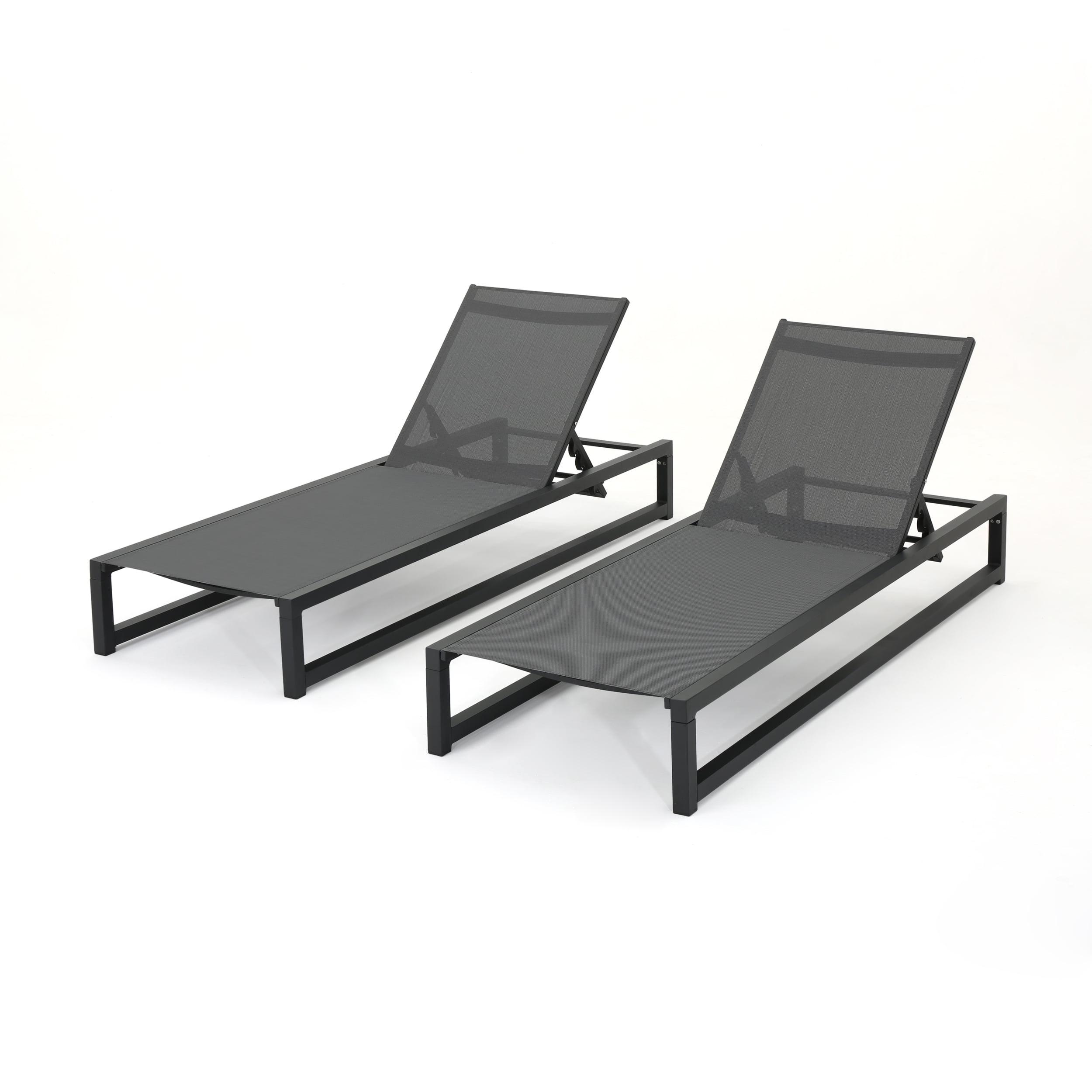 Black and Dark Gray Aluminum Mesh Armless Chaise Lounges, Set of 2