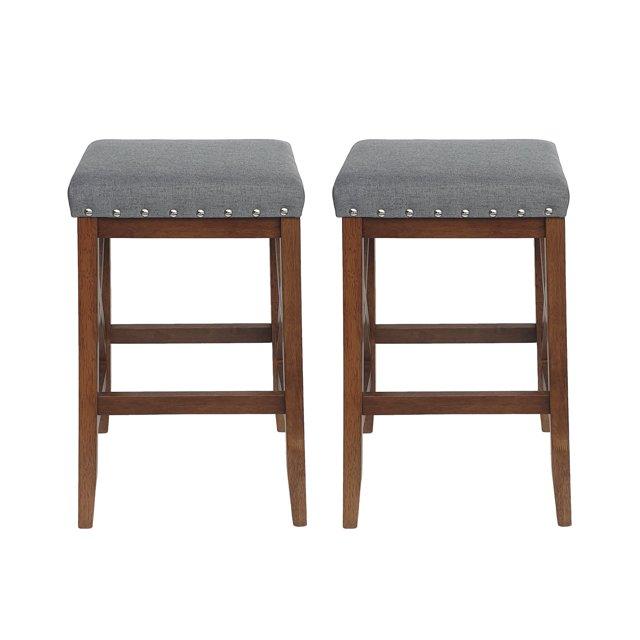 GDFStudio Ropp Farmhouse Fabric Upholstered 29.5 Inch Backless Barstools with Nailhead Trim (Set of 2), Charcoal