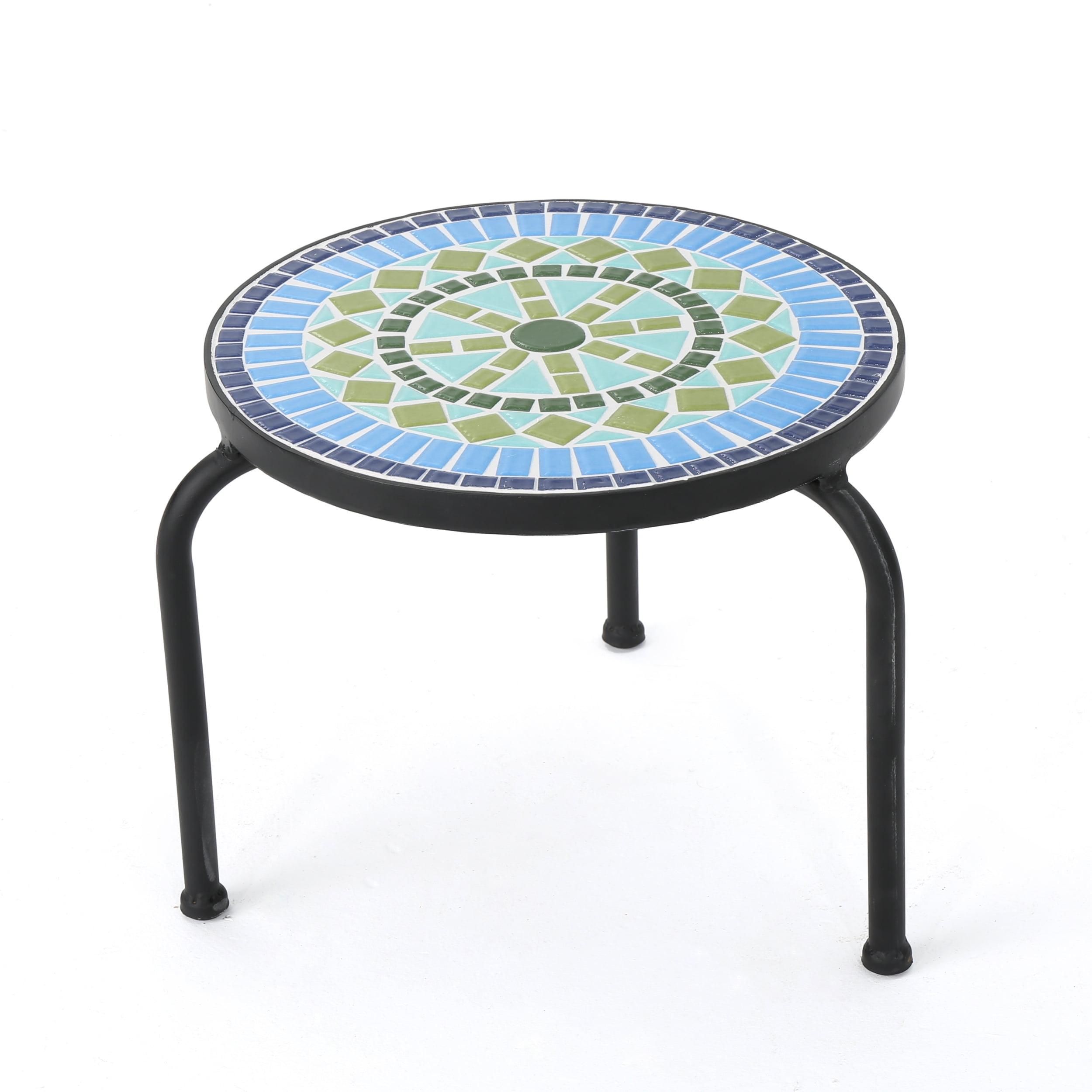 Njord 10" Blue & Green Ceramic Tile Iron Plant Stand