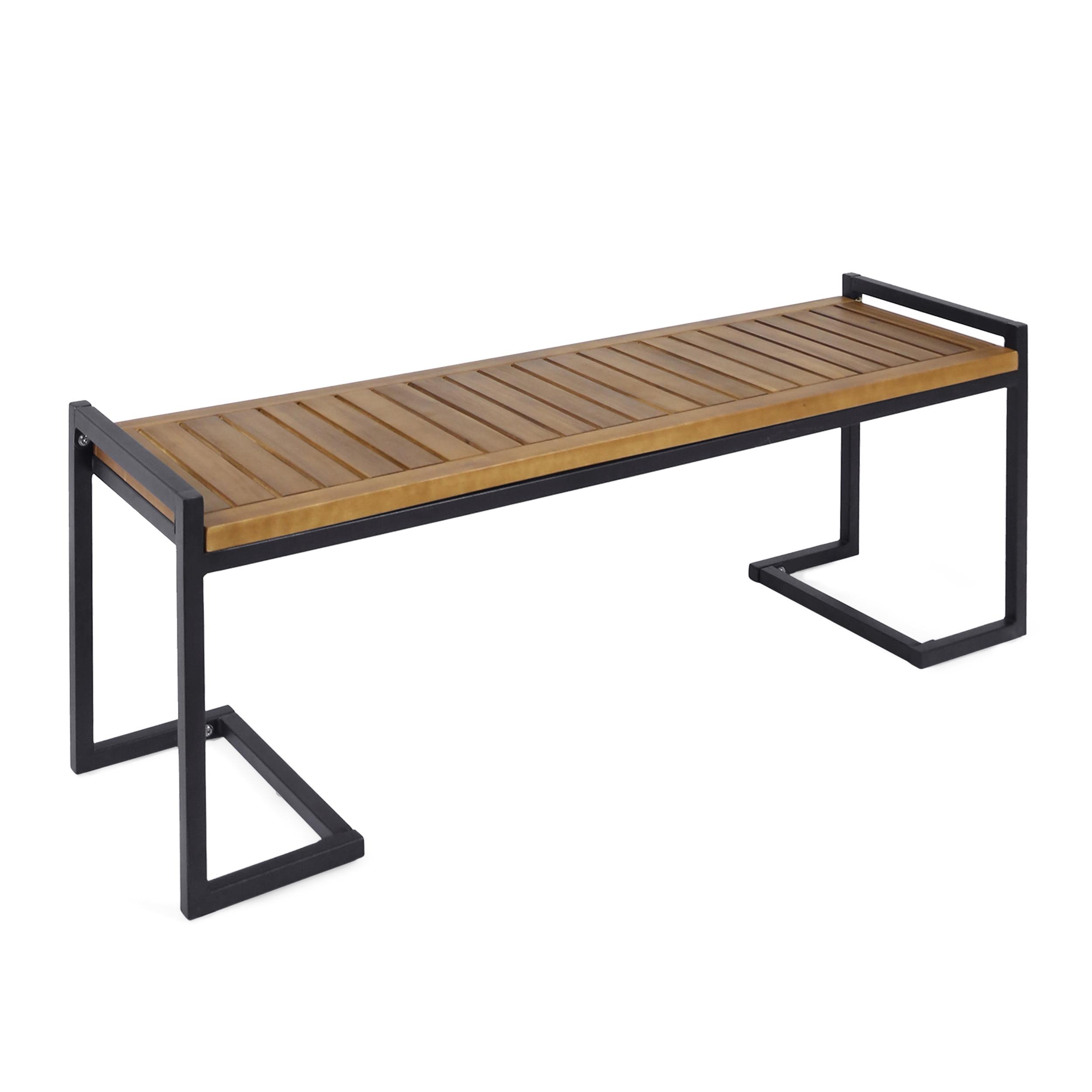 Teak and Black Acacia Wood Outdoor Bench with Iron Legs