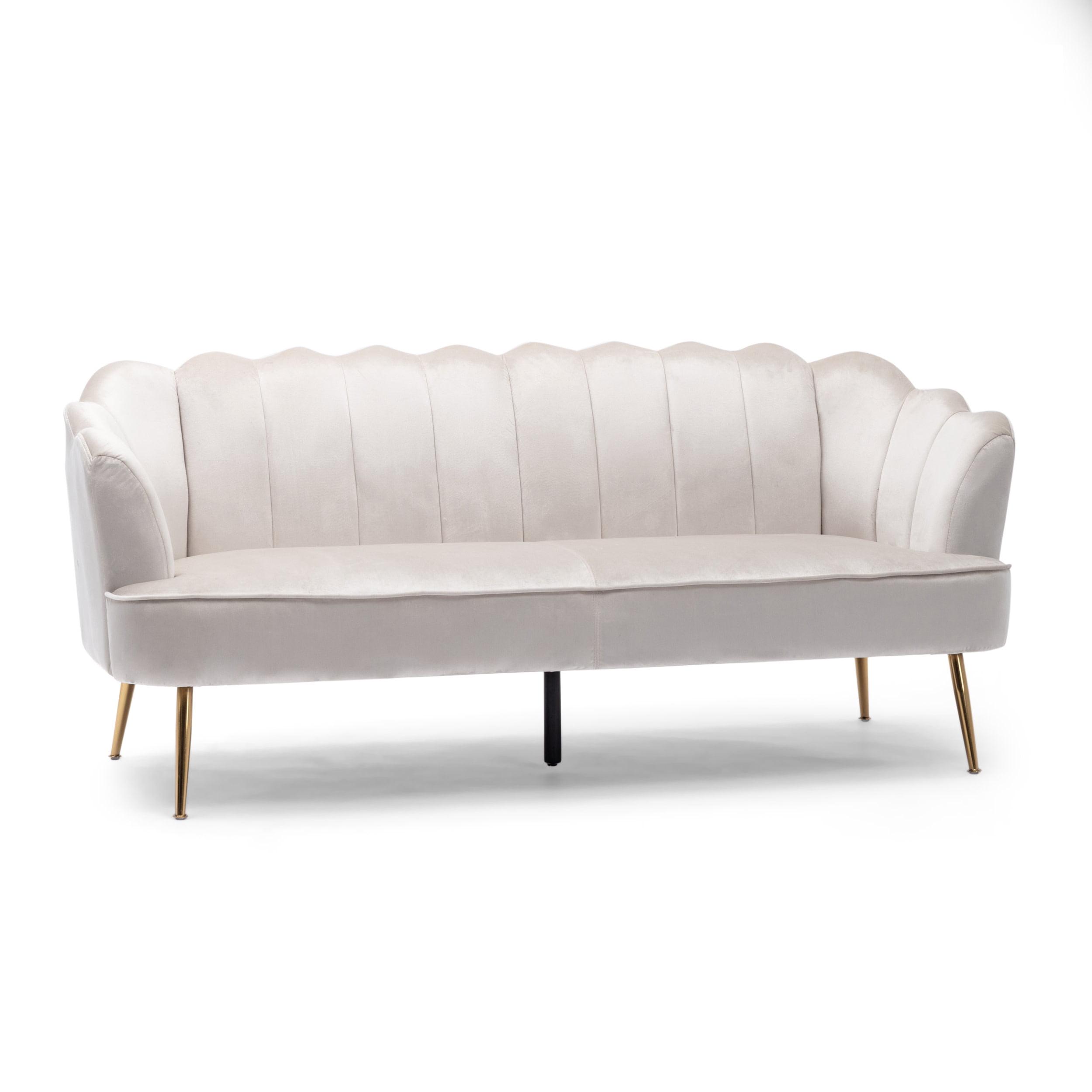 GDF Studio Ohnstad Modern Glam Velvet Channel Stitch 3 Seater Shell Sofa, Beige and Gold