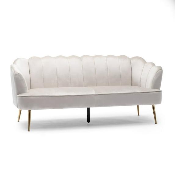 GDF Studio Ohnstad Modern Glam Velvet Channel Stitch 3 Seater Shell Sofa, Beige and Gold