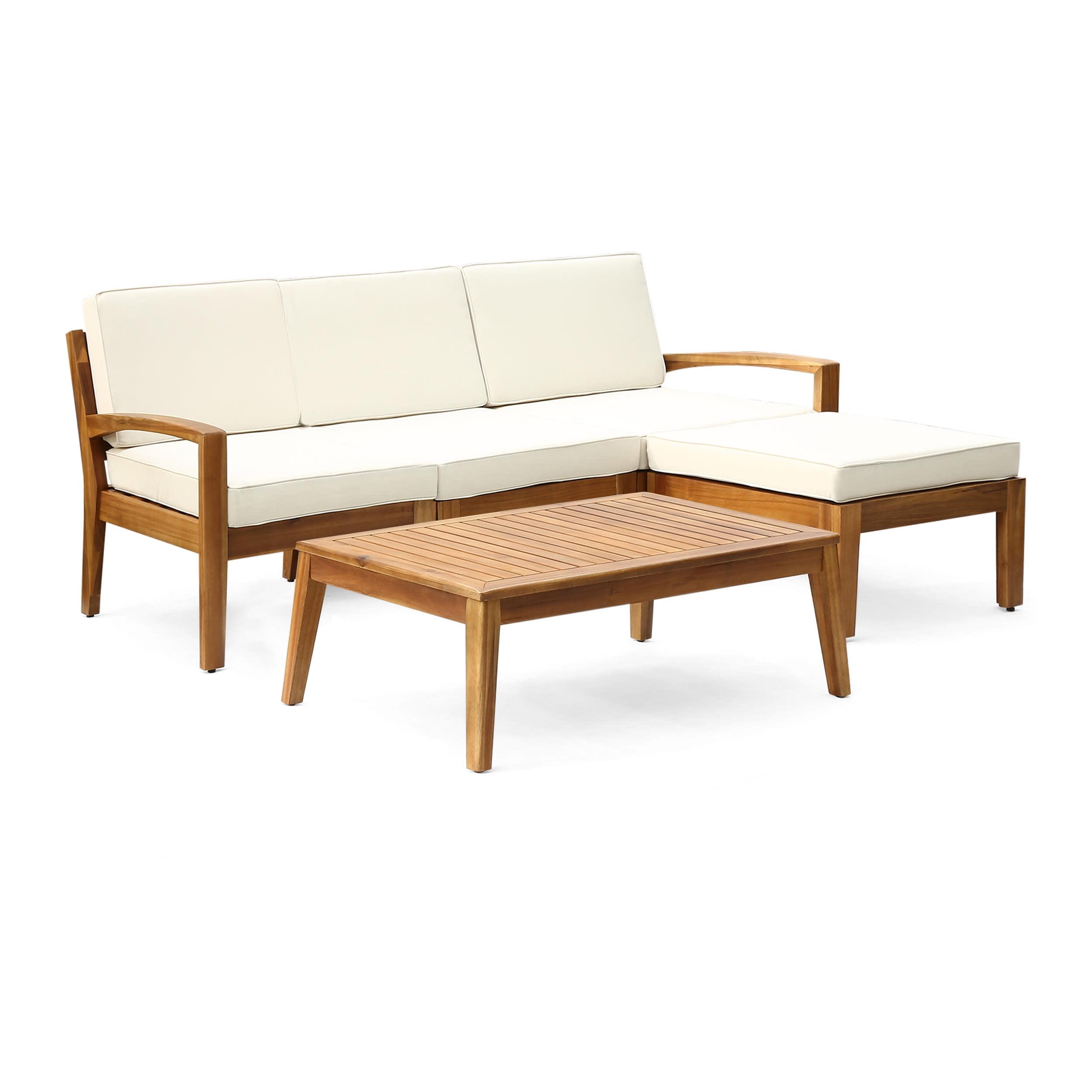 Teak and Beige Acacia Wood 3-Seater Outdoor Sectional Sofa Set with Ottoman