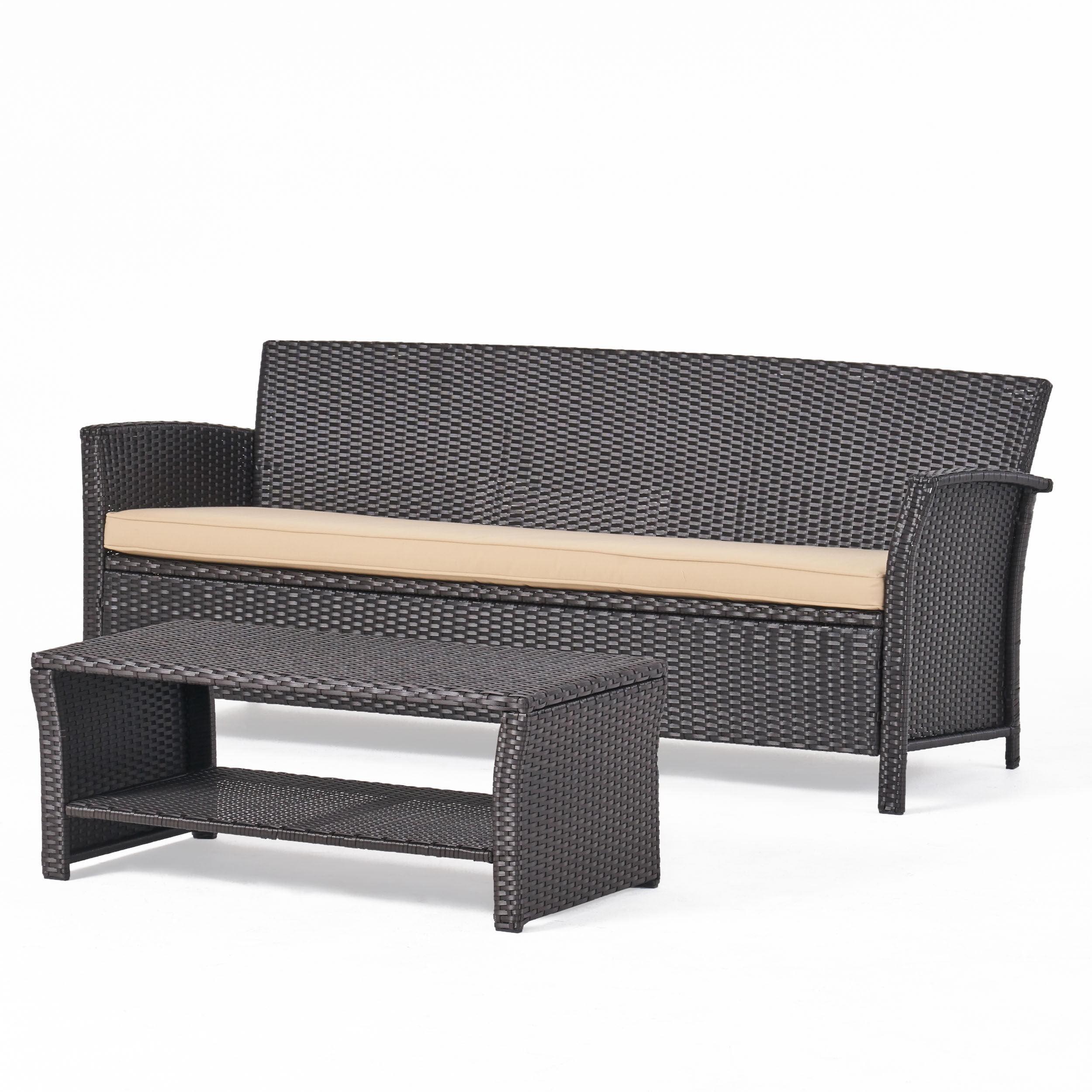 GDFStudio Raina Outdoor Wicker 3 Seater Sofa and Coffee Table with Water-Resistant Cushions, Brown/Tan