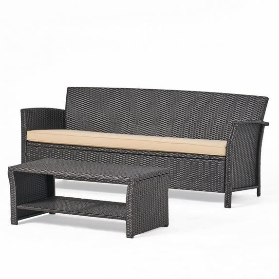 GDFStudio Raina Outdoor Wicker 3 Seater Sofa and Coffee Table with Water-Resistant Cushions, Brown/Tan