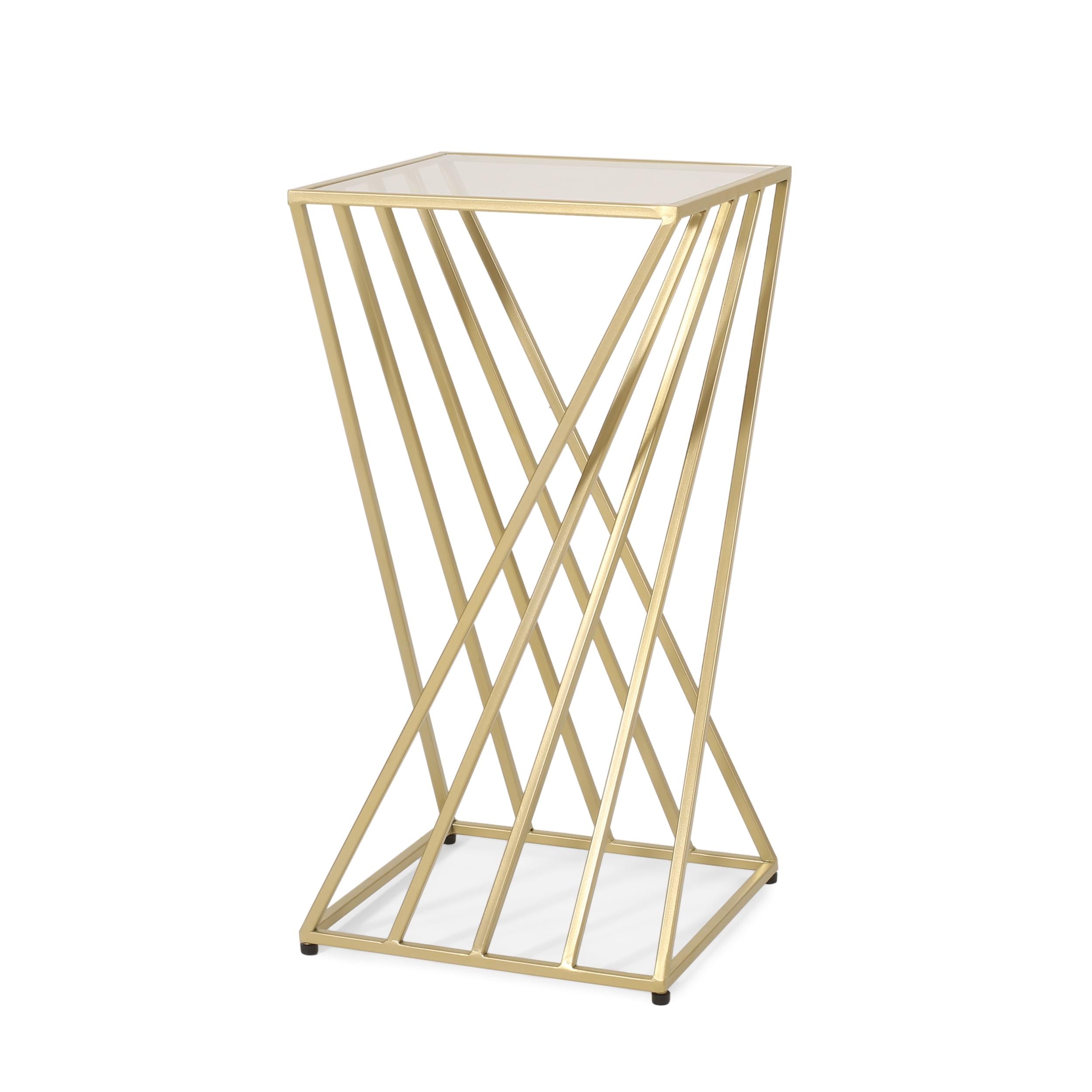 Champagne Gold Glass Top End Table with Iron Frame