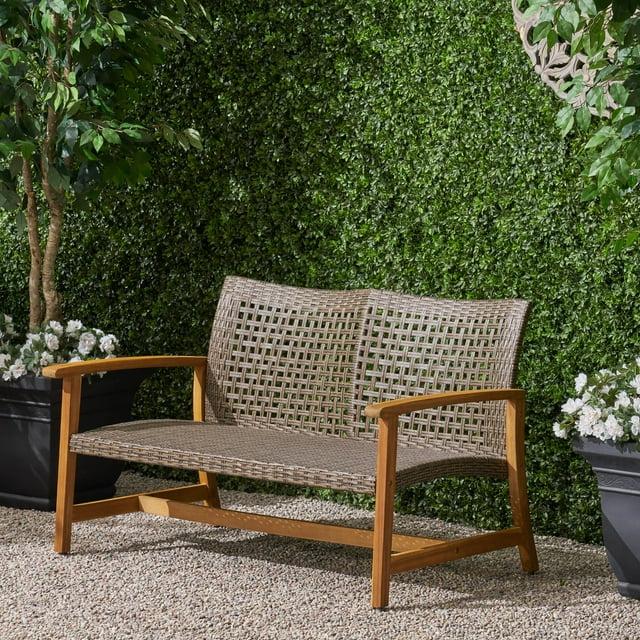 GDFStudio Jean Outdoor Acacia Wood and Wicker Loveseat, Brown/Gray