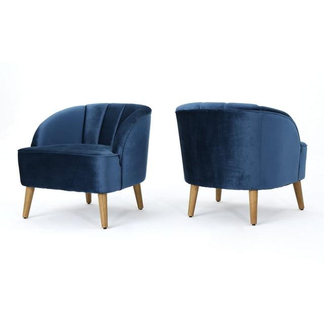 GDF Studio Scarlett Modern Velvet Channel Stitch Club Chairs, Set of 2, Cobalt and Walnut