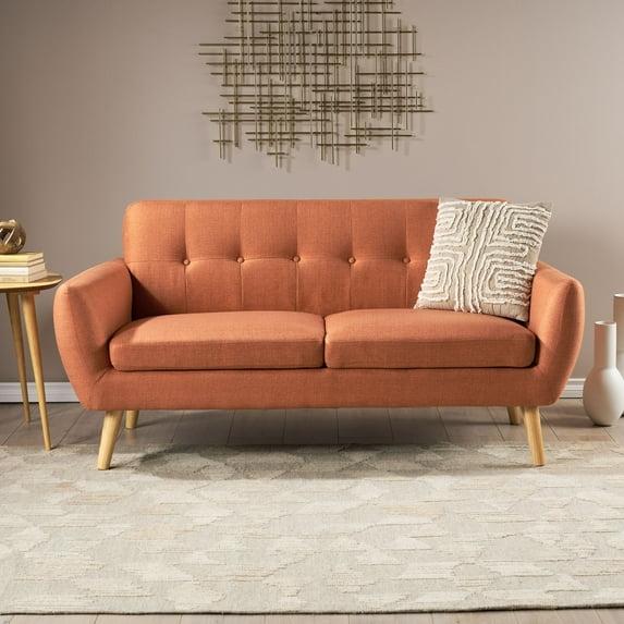 GDFStudio Sheena Mid Century Modern 67.25 " Upholstered Tufted 2 Seater Sofa, Burnt Orange/Natural Oak