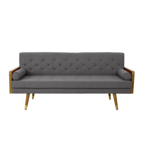 GDFStudio Aidan Mid Century Modern 72.25" Tufted Upholstered 3 Seater Sofa,Gray/Dark Walnut/Gold