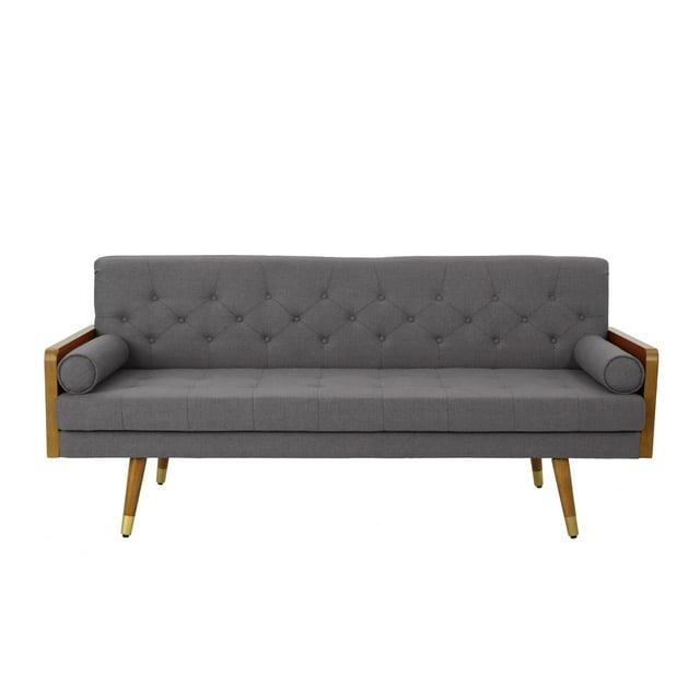 GDFStudio Aidan Mid Century Modern 72.25" Tufted Upholstered 3 Seater Sofa,Gray/Dark Walnut/Gold
