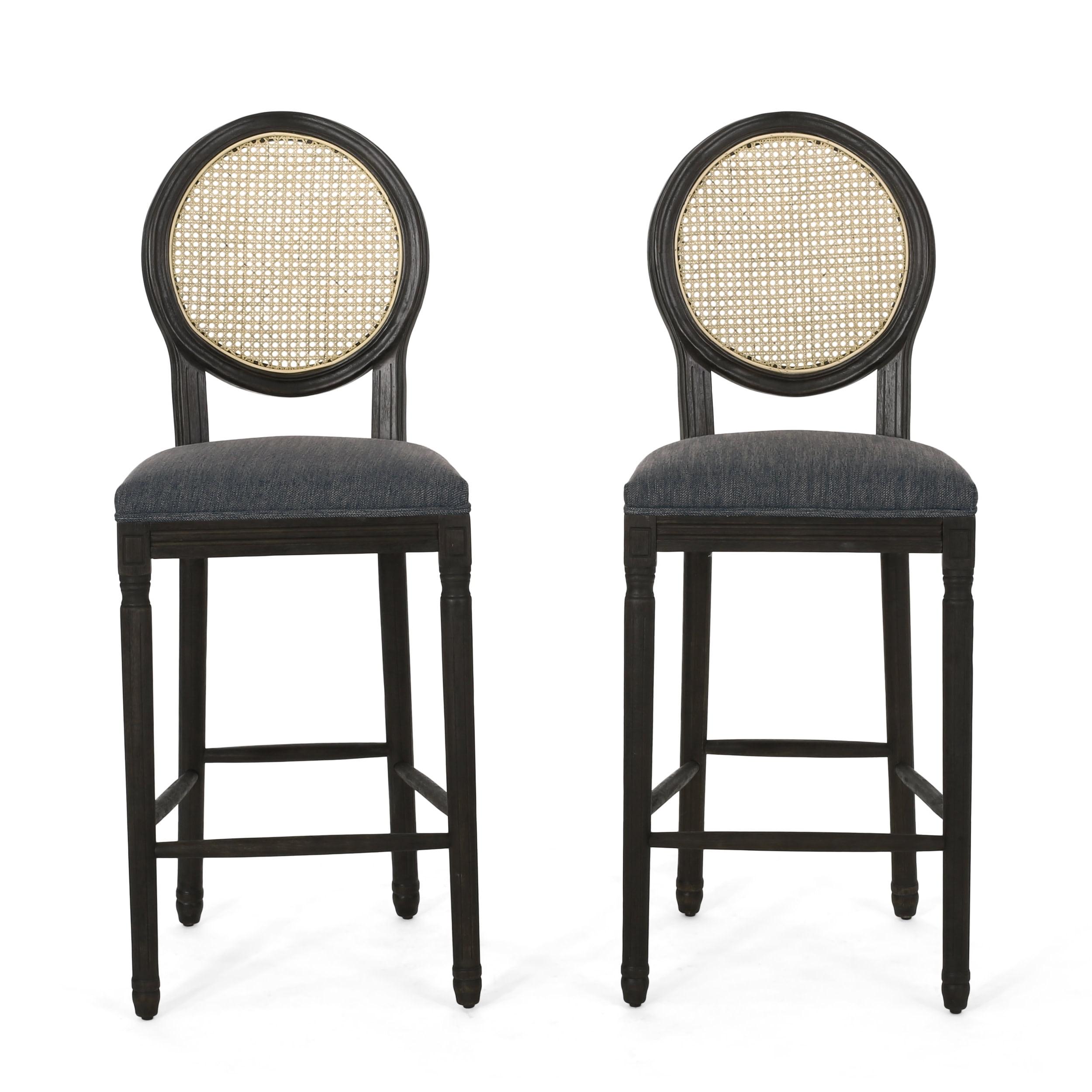 Charleston Elegance Carved Wood and Wicker Barstools, Set of 2, Charcoal and Dark Brown