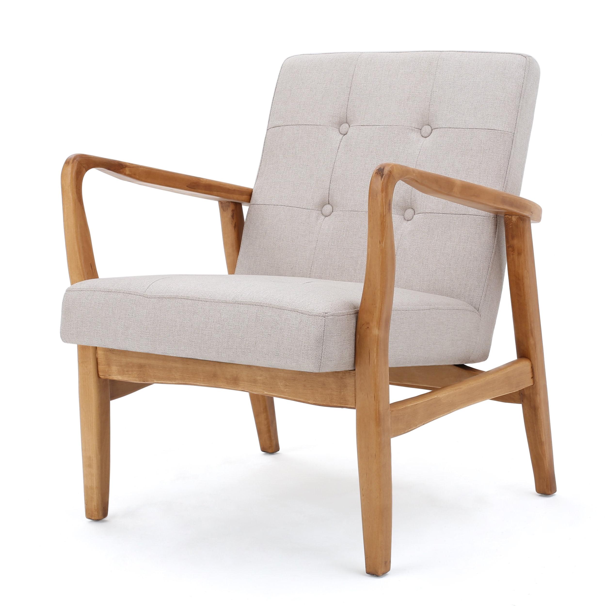 Elegant Mid-Century Tufted Club Chair in Beige Leather and Wood