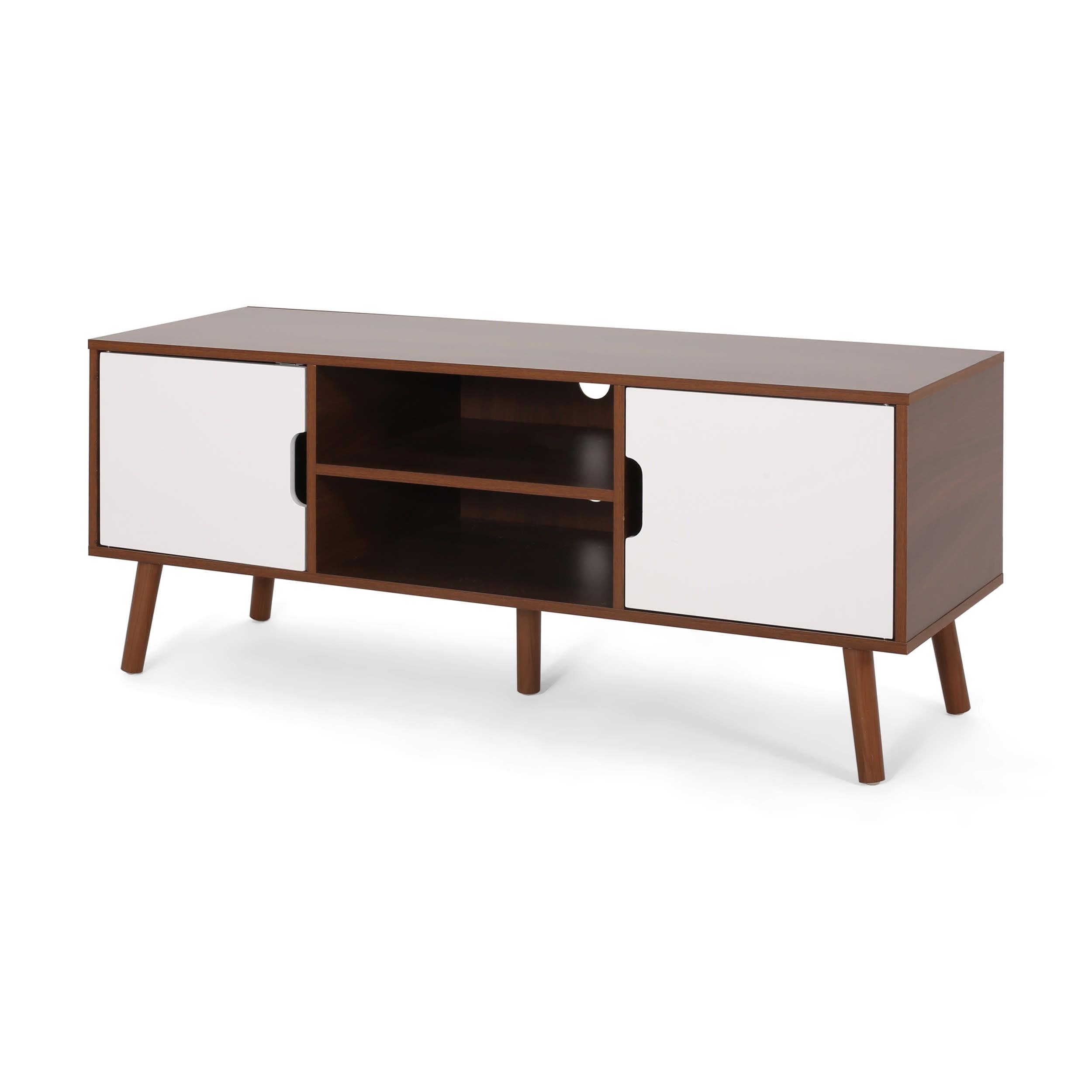GDFStudio Zapara 47.25" Wooden TV Stand with 2-Cabinets, Walnut and White