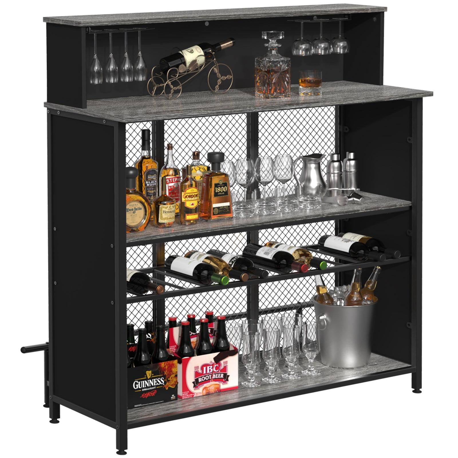 Gray Metal and Wood Home Bar Cabinet with Storage and Footrest