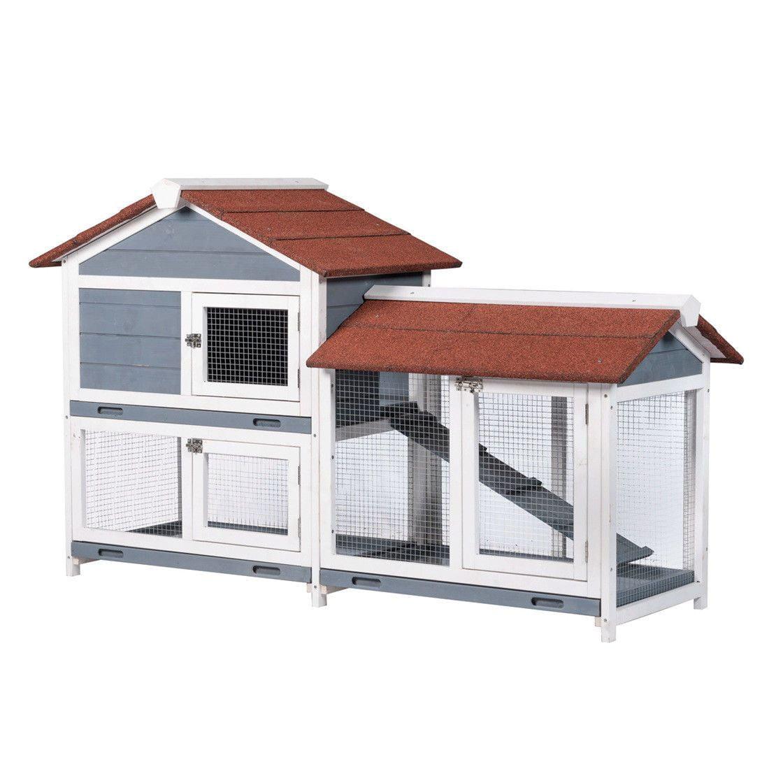 Two-Story Blue and White Wooden Guinea Pig Hutch with Red Roof