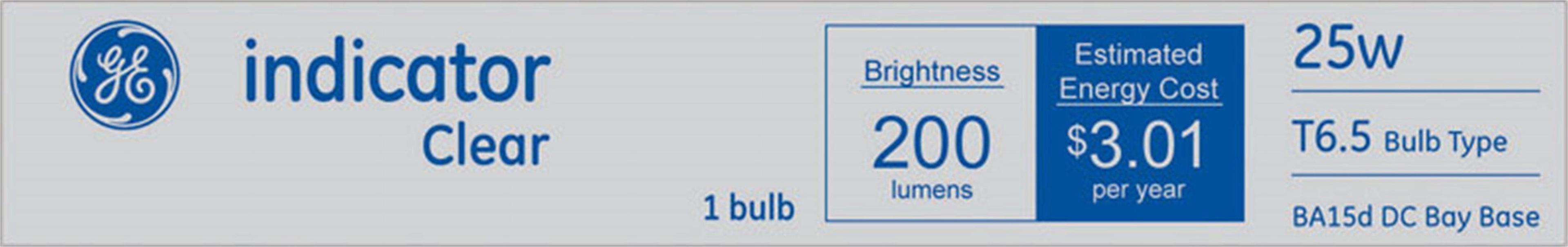 GE 14676 Indicator Bulb Incandescent T6.5 D.C.Bayonet(Ba15d) 120V 25W Crystal Clear
