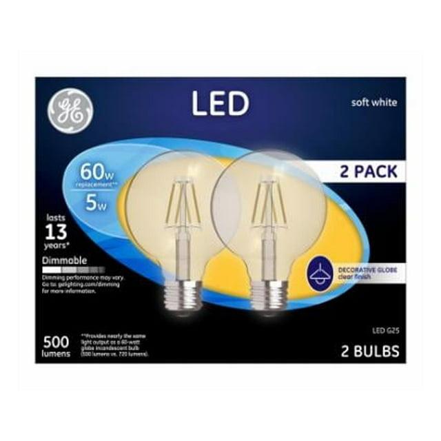 GE 2pk 60W G25 LED Globe Filament Clear Light Bulbs Soft White: Round E26 Type A, Bathroom, 500 Lumens, Energy Star Certified