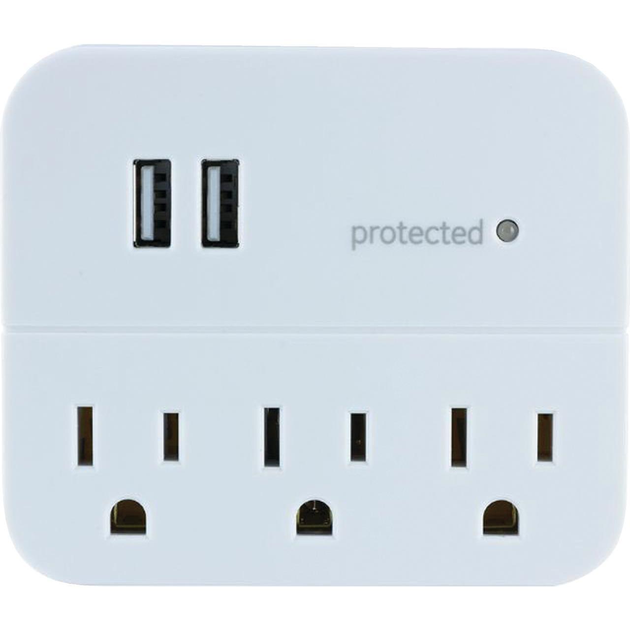 White 3-Outlet Wall Tap Surge Protector with USB Ports