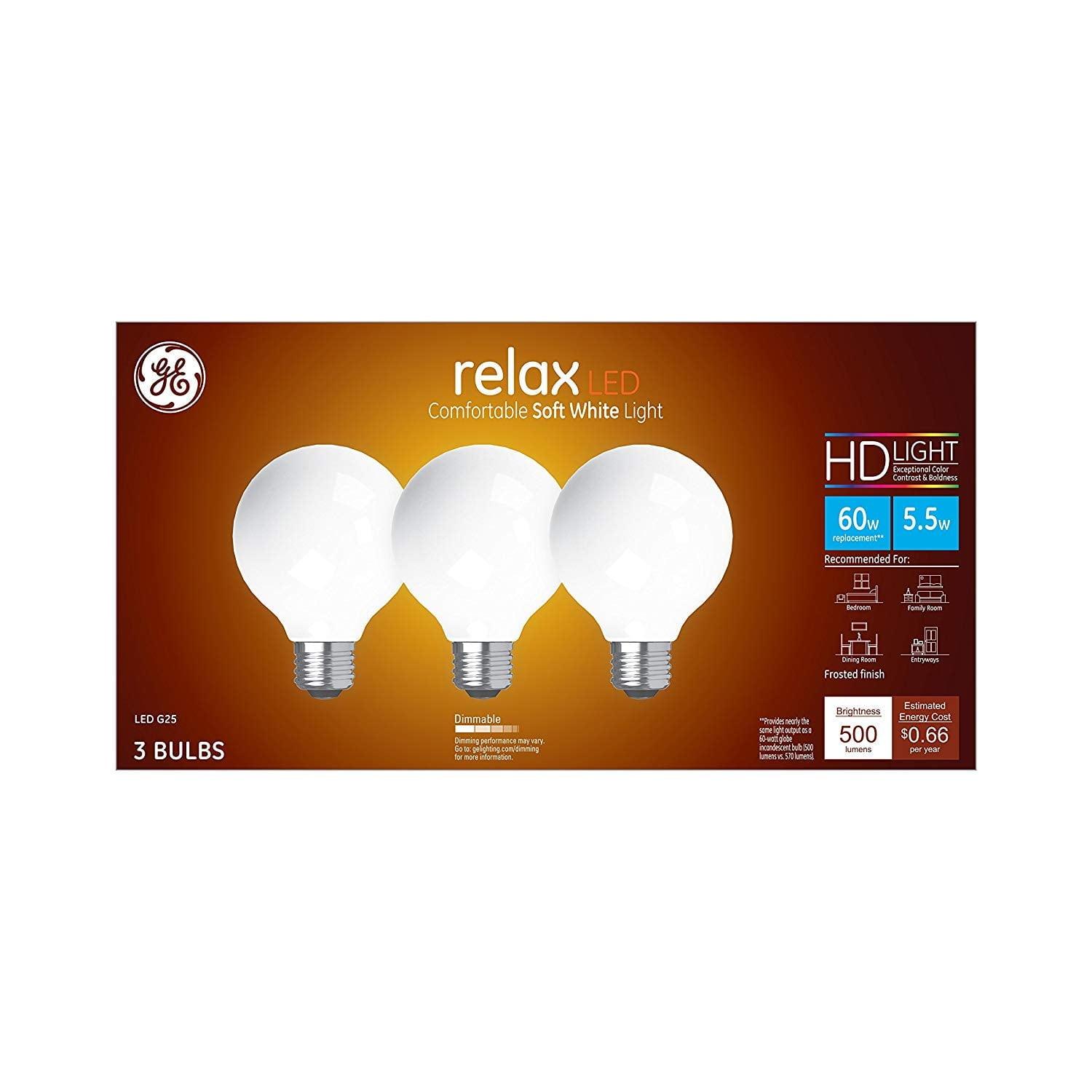 GE 2pk 60W Relax G25 LED Frost Globe Light Bulbs Soft White: Dimmable Vanity Round Bulbs, Energy Star Certified