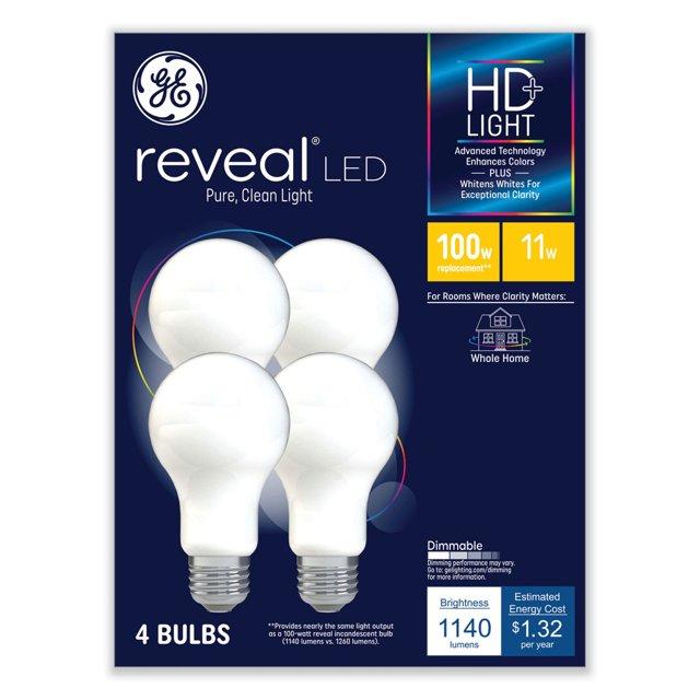 GE 4pk 75W Reveal A19 LED Light Bulbs Daylight: Dimmable, 850 Lumens, 2850K, E26 Base, 13.7-Year Life, Suitable for Wet Locations