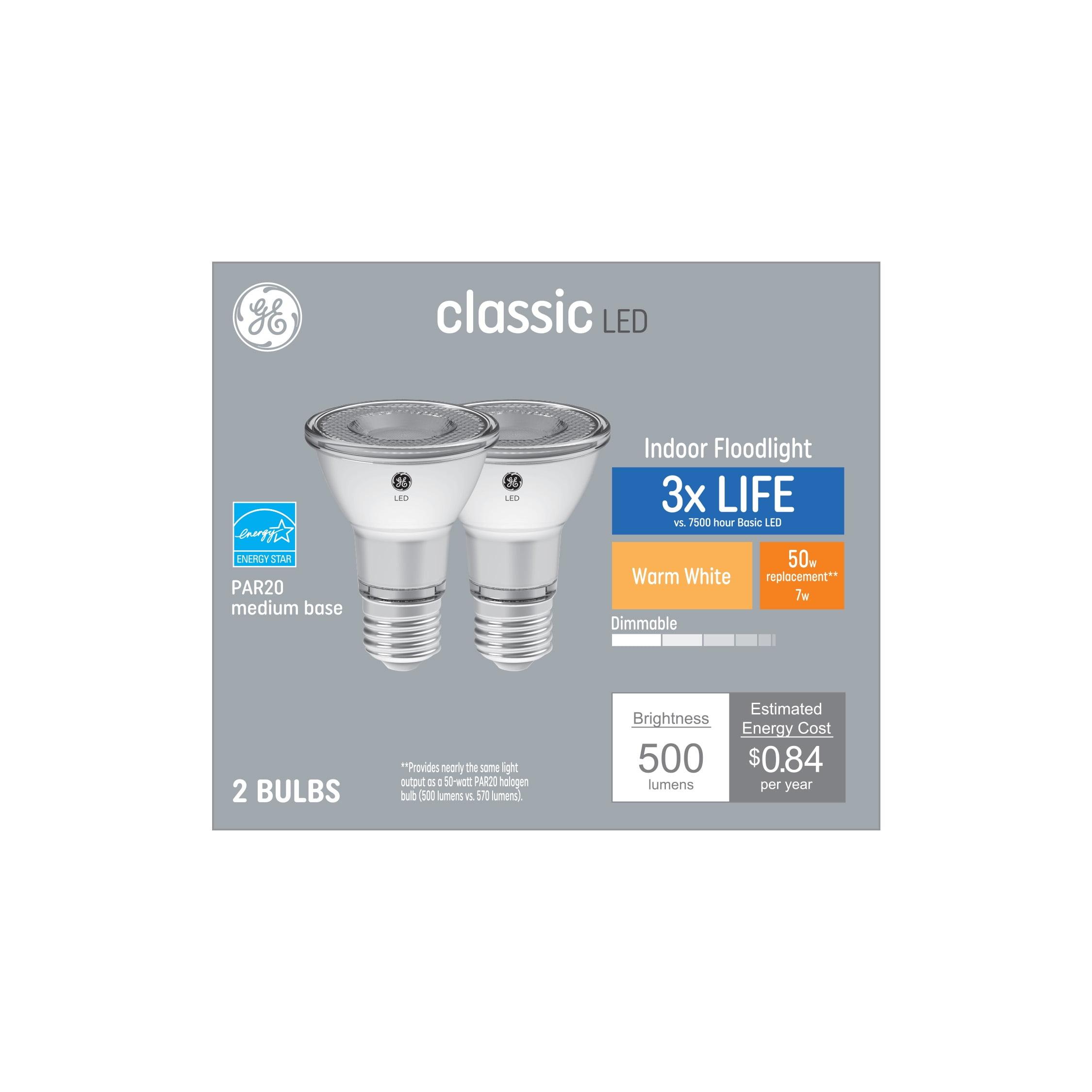 GE Classic LED 50 Watt Replacement, Warm White, PAR20 Indoor Floodlight Bulbs (2 Pack)