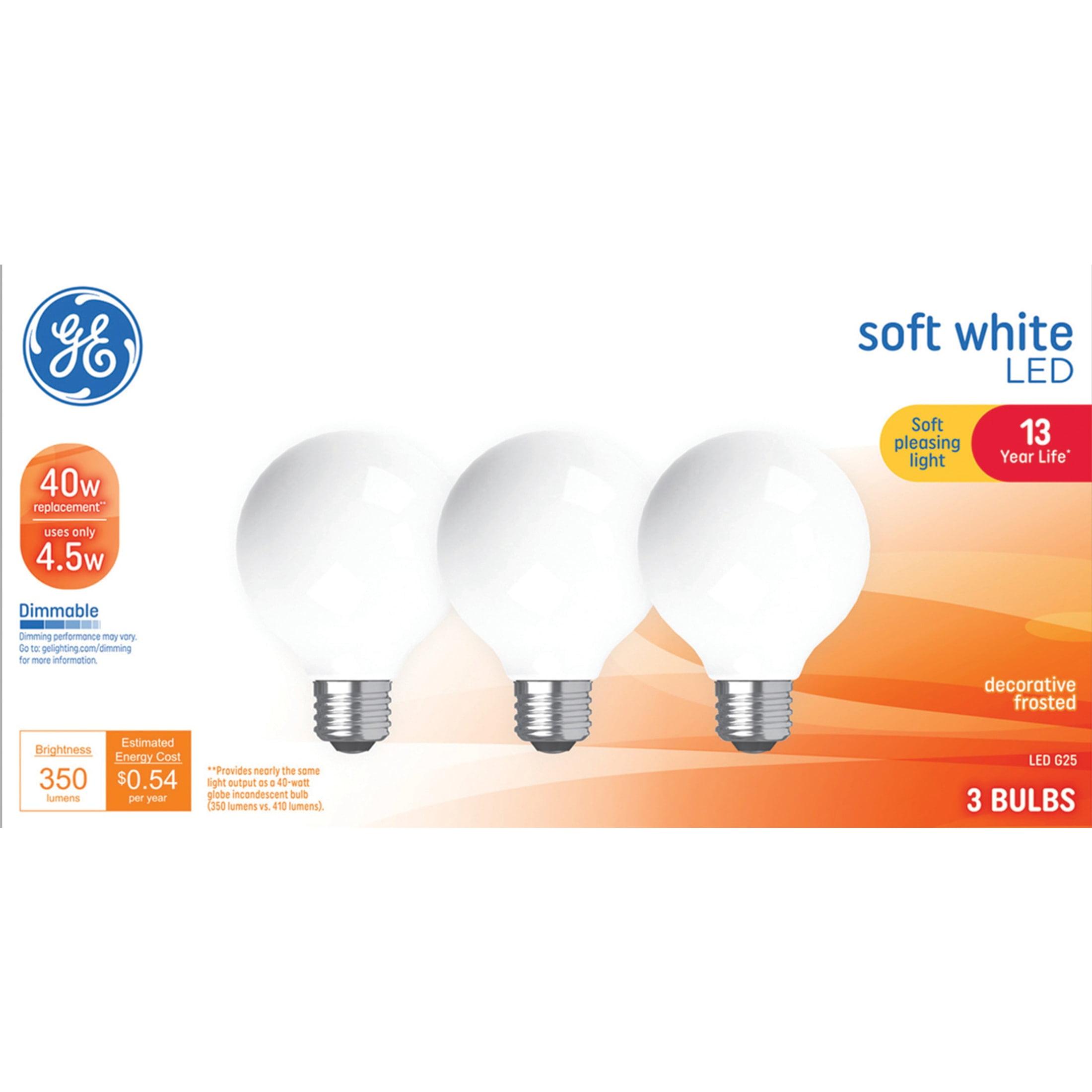 GE LED Light Bulbs, 40 Watts, Soft White, G25 Globe Bulbs, Medium Base, 13yr, 3pk