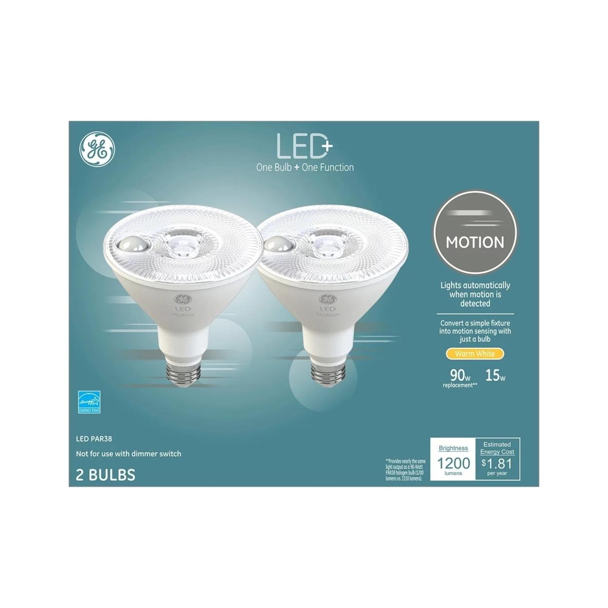 (2 pack) GE LED+ Motion LED Light Bulbs, 15 Watt, Security Light, PAR38, Medium Base