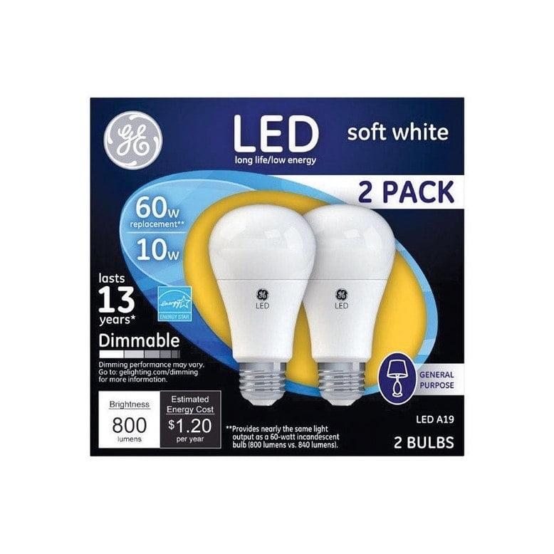 GE 2pk 60W A19 Light Bulb Soft White: LED, E26 Base, Dimmable, 800 Lumens, Energy Star Certified, 2700K, 13.7-Year Life