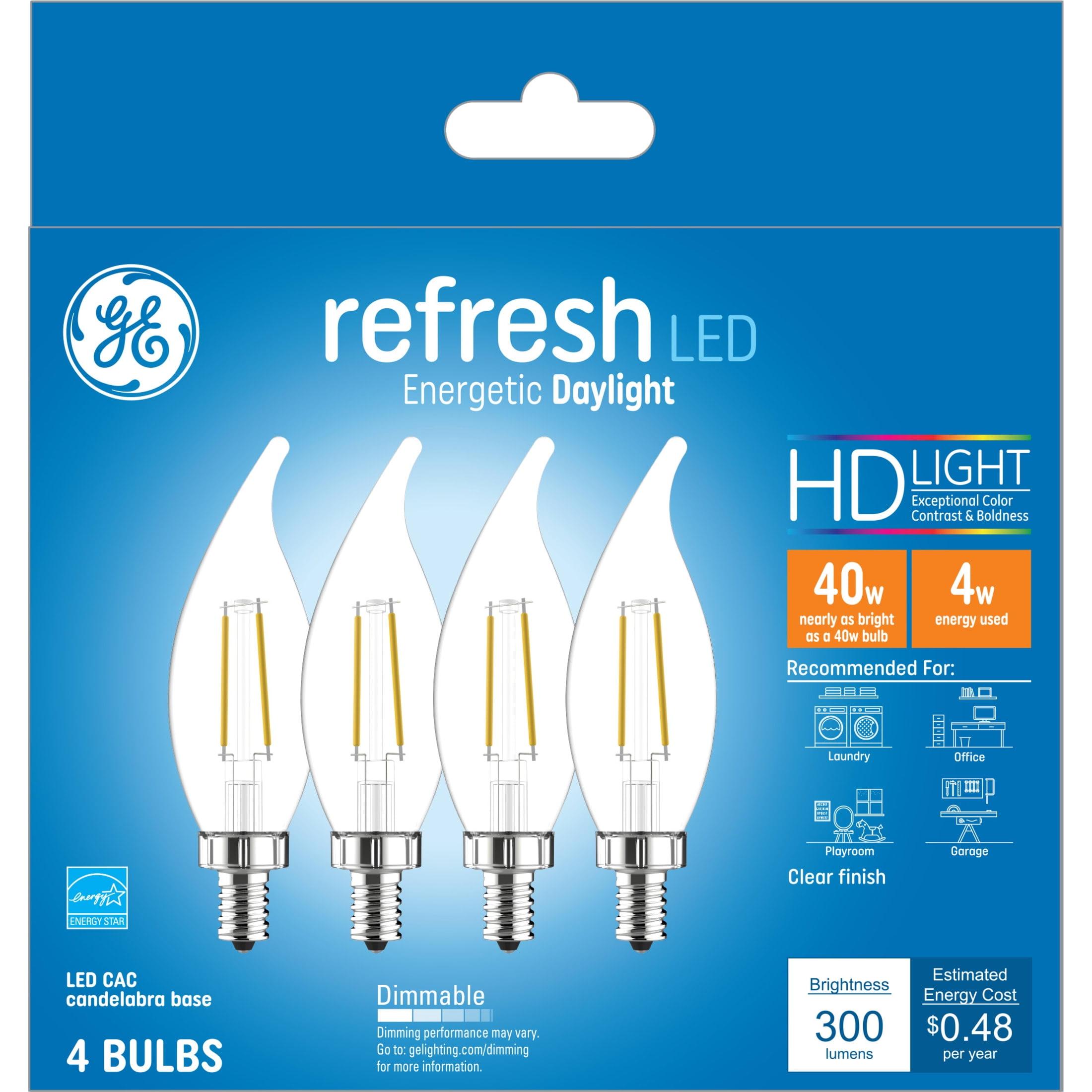 GE 4pk 40W Refresh LED CAC Decorative Light Bulbs Daylight: Dimmable Candelabra E12, 5000K, Energy Star, Chandelier Use