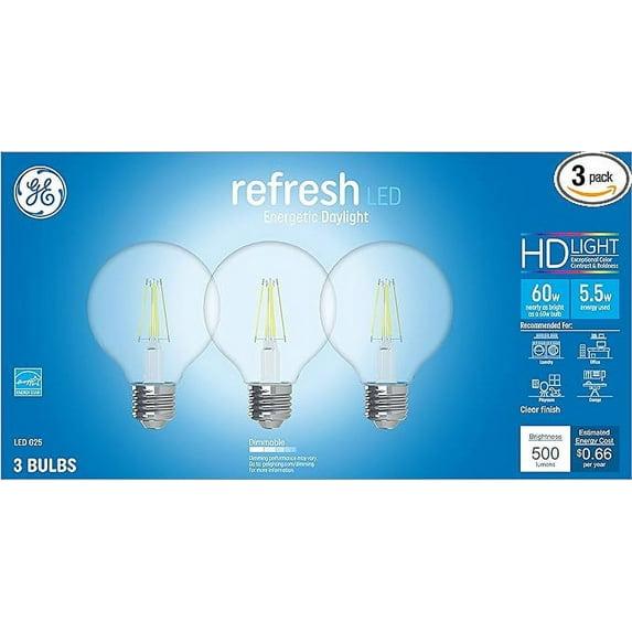 GE 3pk 40W Refresh G25 LED Clear Globe Light Bulbs Daylight: Dimmable, Energy Star, 5000K, 360 Lumens, E26 Base