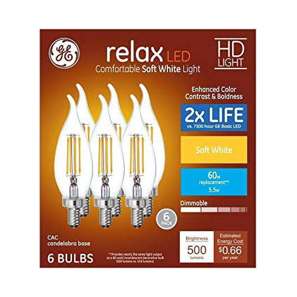 GE Relax Paquete de 6 Bombillas LED Decorativas de 60 Vatios Equivalentes, Regulables, Suaves, Blancas, CA12, Bombillas LED, Candelabro Decorativo Antiguo