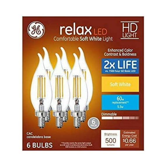 GE Relax Paquete de 6 Bombillas LED Decorativas de 60 Vatios Equivalentes, Regulables, Suaves, Blancas, CA12, Bombillas LED, Candelabro Decorativo Antiguo