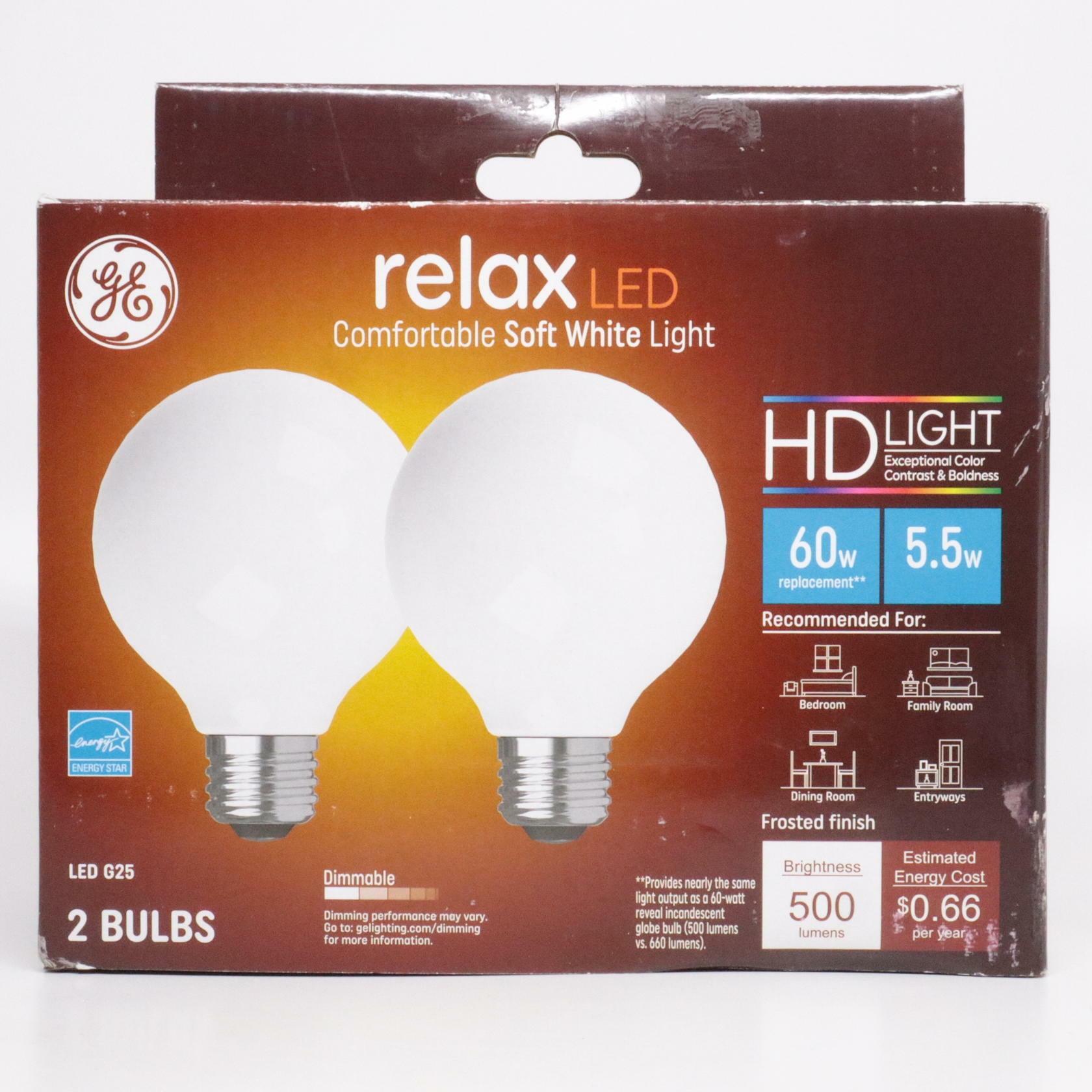 GE 2pk 60W Relax G25 LED Frost Globe Light Bulbs Soft White: Dimmable Vanity Round Bulbs, Energy Star Certified